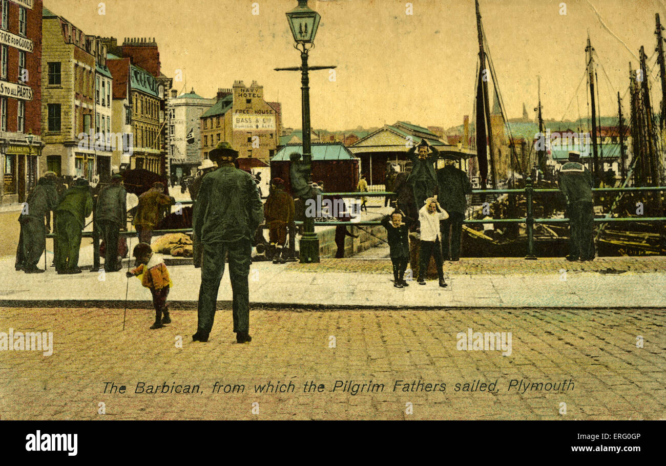 Die Barbakane, aus denen die Pilgerväter gesegelt, Plymouth' The Plymouth Barbican ist der Ort des Beginns der Pilgerväter Amerikas Gründerväter im Jahre 1620. Sie löste die neue Welt und Plymouth Kolonie gegründet. Stockfoto
