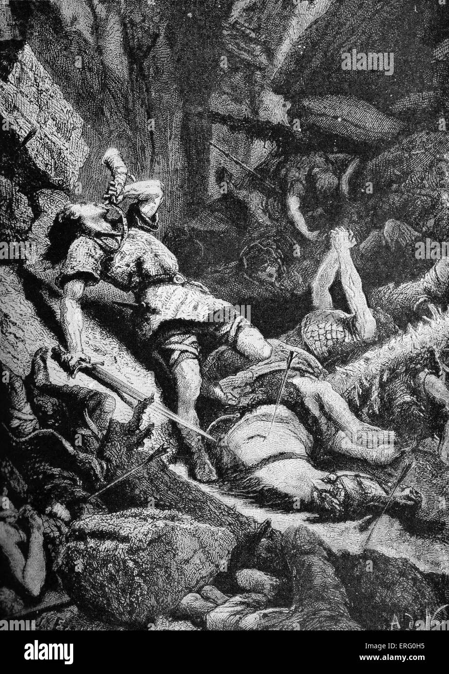 Die große Schlacht der Roncevalles - Karls Neffe Roland klingt sein Horn im Kampf gegen die Basken (Legende verwandelt sich die Sarazenen). Aus dem Gemälde von Joseph Ettlin. Bildunterschrift lautet, "Dann Roland setzen das Horn an den Mund und blies eine große Explosion". Schlacht von Roncesvalles, datiert vom 15 August 778. Roland, historischen und legendären Figur, Hauptperson in der französischen mittelalterlichen Gedicht "La Chanson de Roland' (c. 1100). Stockfoto