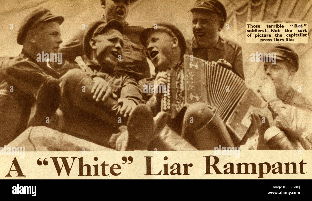 Pro-sowjetischen dreißiger Jahre Propaganda in "Rußland heute", Ausgabe Dezember 1932. Artikel greift einen britischen Journalist Rhea Clyman, über Russland geschrieben hat mit Zwangsarbeit und Verfolgung der Bauernklasse. Überschrift lautet: "Eine"Weiße"Lügner grassierenden". Bildunterschrift lautet: diese schrecklichsten 'Rot' Soldaten! -nicht die Art von Abbildungen, die die kapitalistische Presse Lügner mögen ". Propaganda-Journal veröffentlicht durch kommunistische Tarnorganisation "Freunde der Sowjetunion". Stockfoto