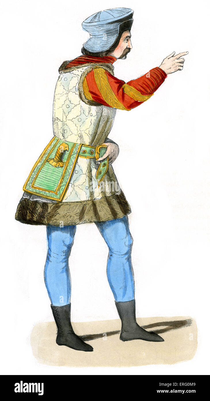 Gentleman aus dem Gericht Sigismund, Kaiser von Deutschland, im 15. Jahrhundert. Ähnlichkeit zwischen seinem Kostüm und der Stockfoto