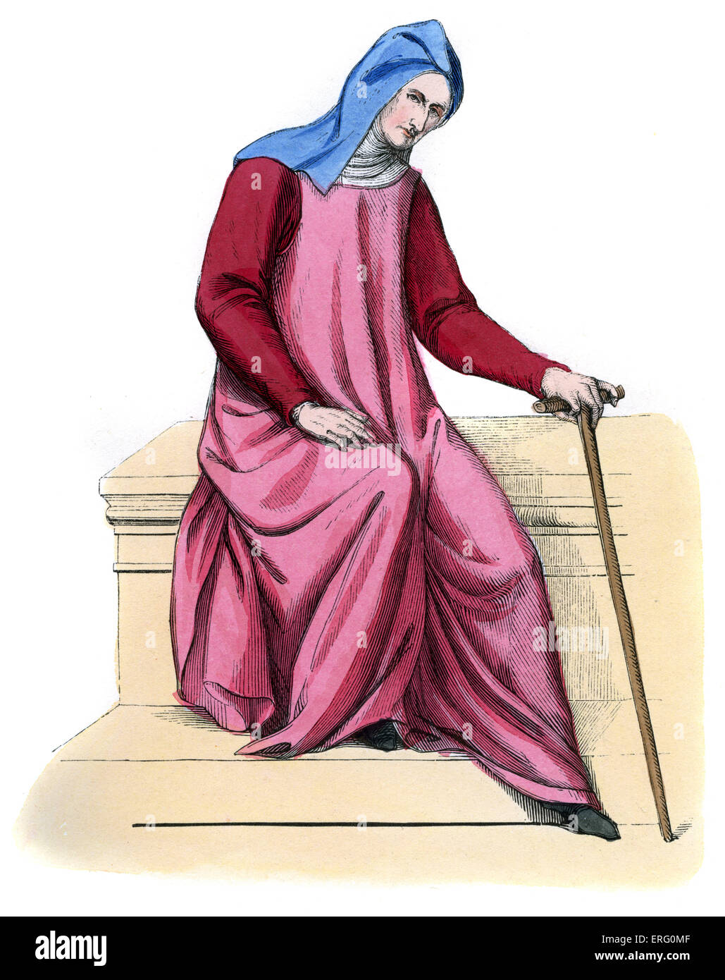 Gewöhnliche Frau aus dem 15. Jahrhundert.  Sie trägt eine blaue Haube mit einem weißen Schleier unter. 1847 handbemalte Kopie des 15. Jahrhunderts Stockfoto