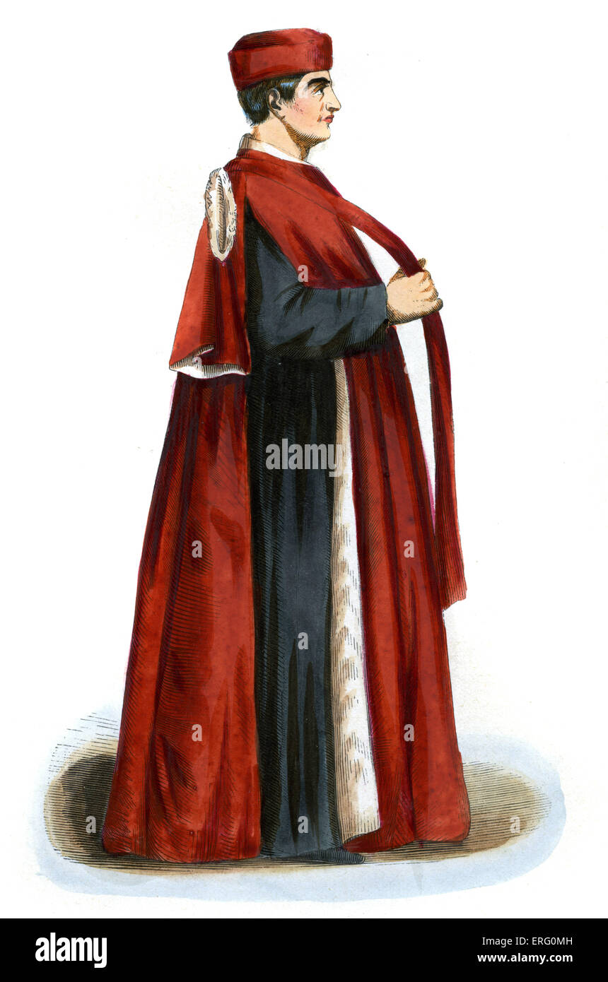 Venezianischer Senator im 15. Jahrhundert Italien.  Die Republik Venedig unter dem Preidency des Dogen geregelt.  Trägt einen roten Hut und Stockfoto