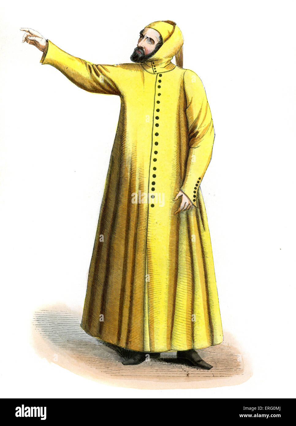 Plebejer oder Mann des Volkes aus 13. Jahrhundert.  Er trägt erwirken Kapuze mit einem gelben Kittel. 1847 handbemalte Kopie des 13. Stockfoto