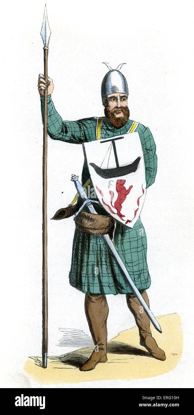 14. Jahrhundert schottische Häuptling zum Zeitpunkt von Edward I und Robert the Bruce.  Er trägt ein Schwert, und einen Speer trägt ein Stockfoto