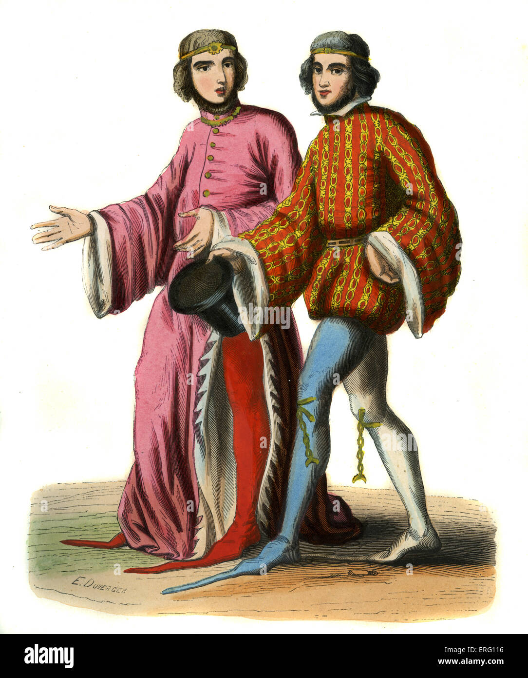 Zwei englische Höflinge von Richard II., 14. Jahrhundert.  Sie tragen modische Spitze Schuhe, einer der Höflinge hat zwei verschiedene Stockfoto