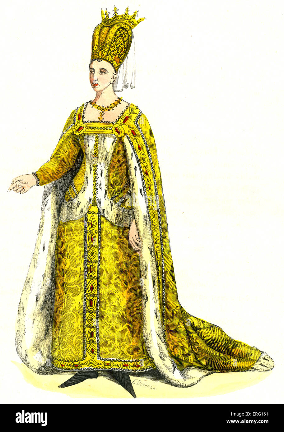 ISABEAU von Bayern, Königin von Frankreich, Frau von Charles VI, in Hermelin getrimmt Brautkleid. b. 1370 – 30 September 1435. c. 1847, handbemalte Kopie der Kunst des 15. Jahrhunderts. Stockfoto