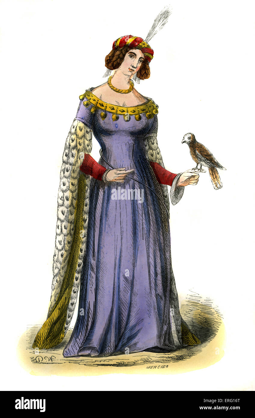 Lady - französische Kostüm des 15. Jahrhunderts zeigt einen gerollten Hut mit Feder, mit hängenden Ärmel Kleid und Halsband hing mit Stockfoto