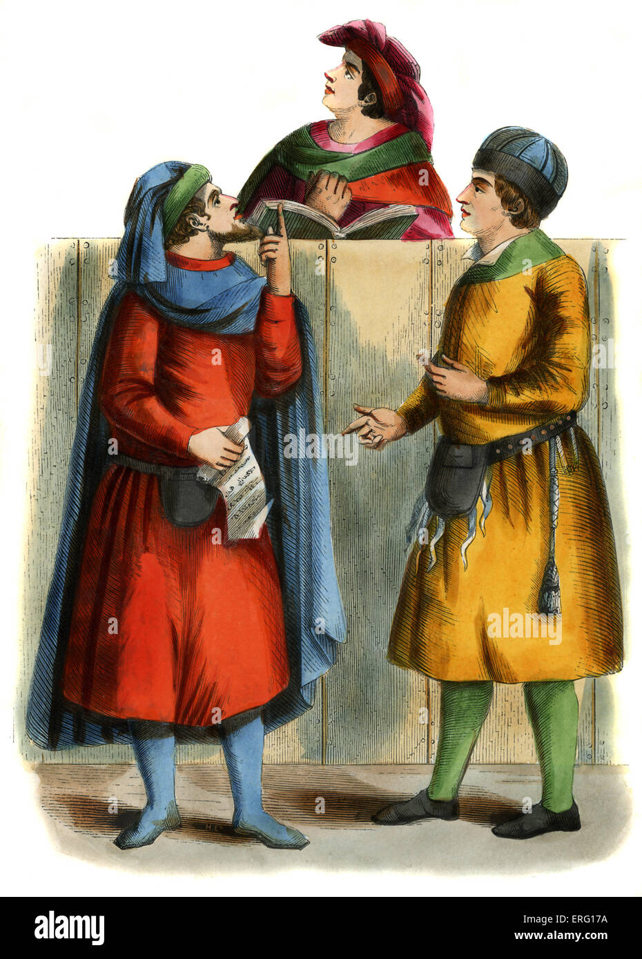 Italienische Kaufleute - Männertracht aus dem 14. Jahrhundert gezeigt, im Gespräch mit Notar, tragen Hüte, Geld Lederbeutel, gerollt und Stockfoto