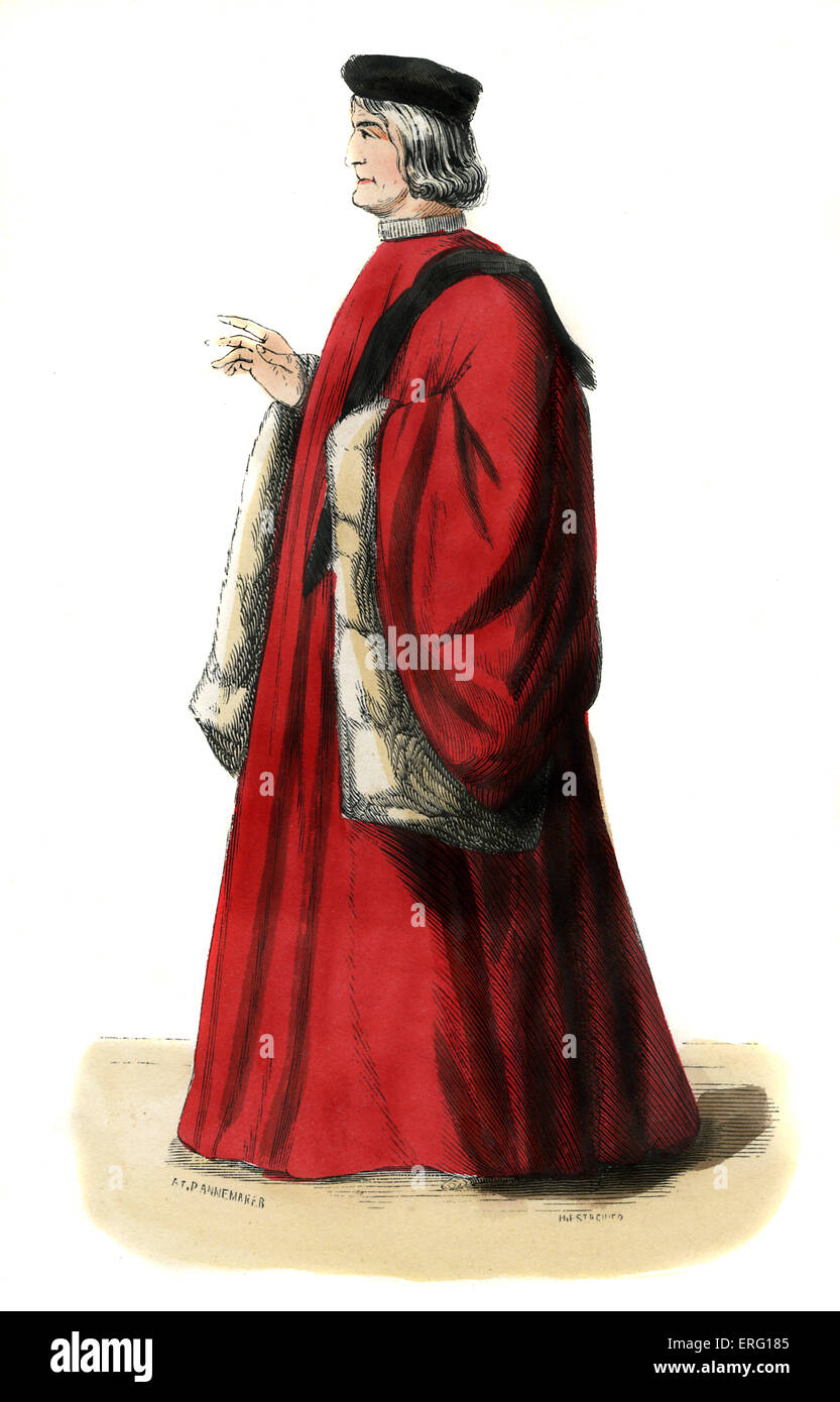 Venezianischer Senator - Männertracht des 15. Jahrhunderts tragen samt scharlachrote Gewohnheit, pelzgefütterten eingesackt Ärmel und schwarze Kappe. c. 1847 Stockfoto