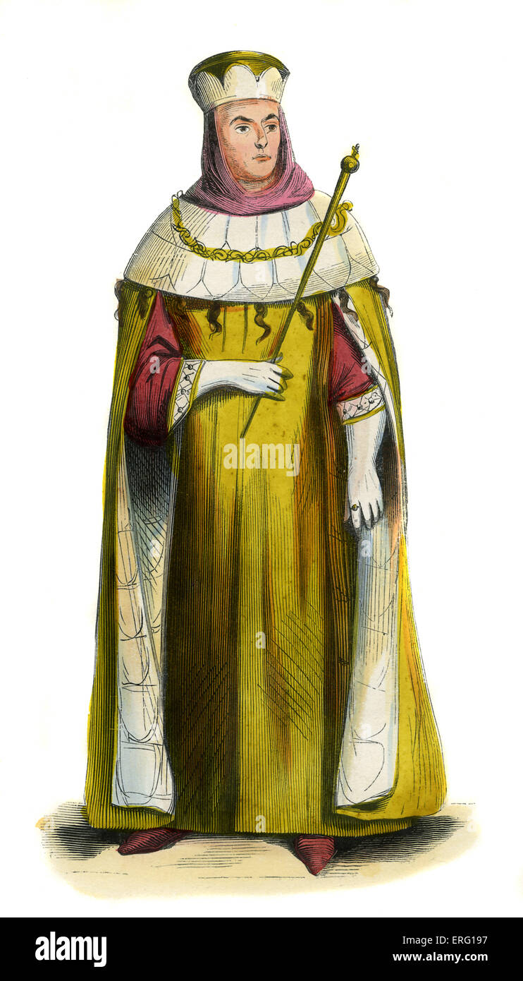 Römische Senator - Männertracht des 14. Jahrhunderts einen Hut gelb Gewohnheit und Cape, Erminie Capelet gold gelbgrundigen Hauben und Stockfoto