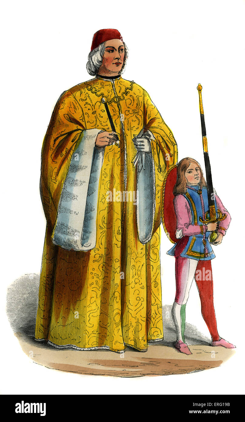 Podestà (italienische Richter) - Männertracht des 15. Jahrhunderts. Tragen von bestickten gelben Simarre (Robe) mit Handschellen hängen Stockfoto