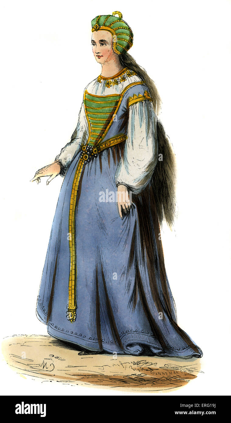Englisch Lady - Kostüm des späten 15. Jahrhunderts. Tragen leichte blaue Kleid mit vollen Hülsen grün und gold Mieder und Glückshaube, mit Stockfoto