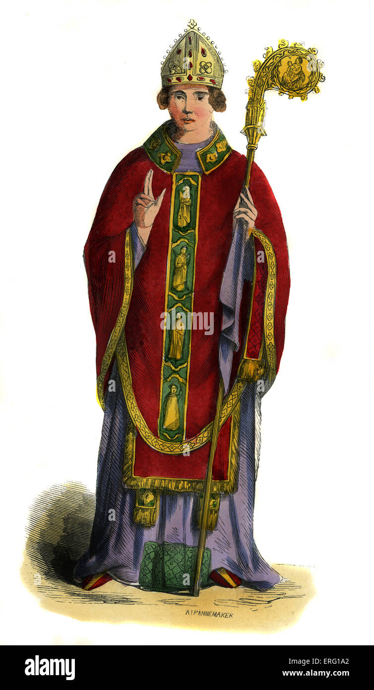 Englischer Bischof - Kostüm aus dem 15. Jahrhundert. Tragen lila Gewohnheit, eine Mitra, rote Dalmatique Gewand mit gold religiöse Motive, Stockfoto