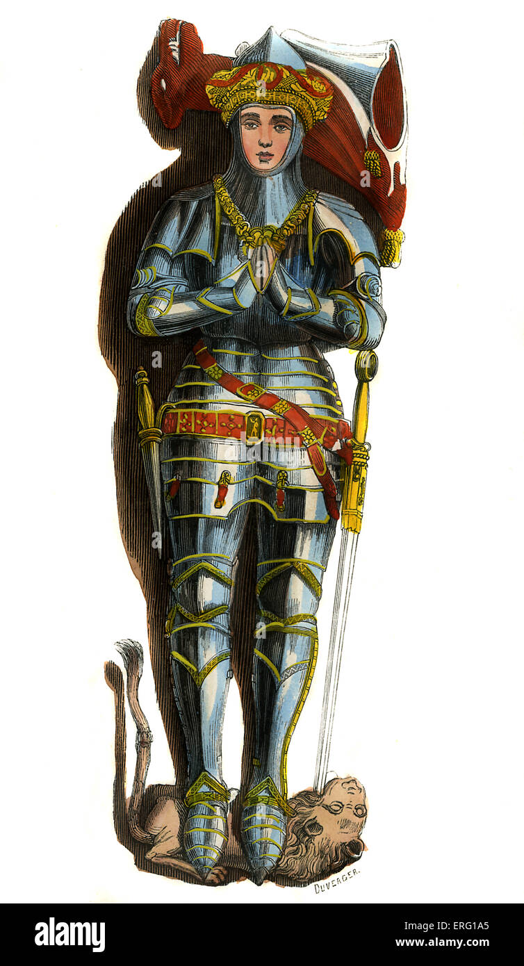 Sir Richard Vernon (gest. 1451) - Kostüm aus dem 15. Jahrhundert. Mit vollen versilberte Rüstung mit Epaulières, Helm und Stockfoto