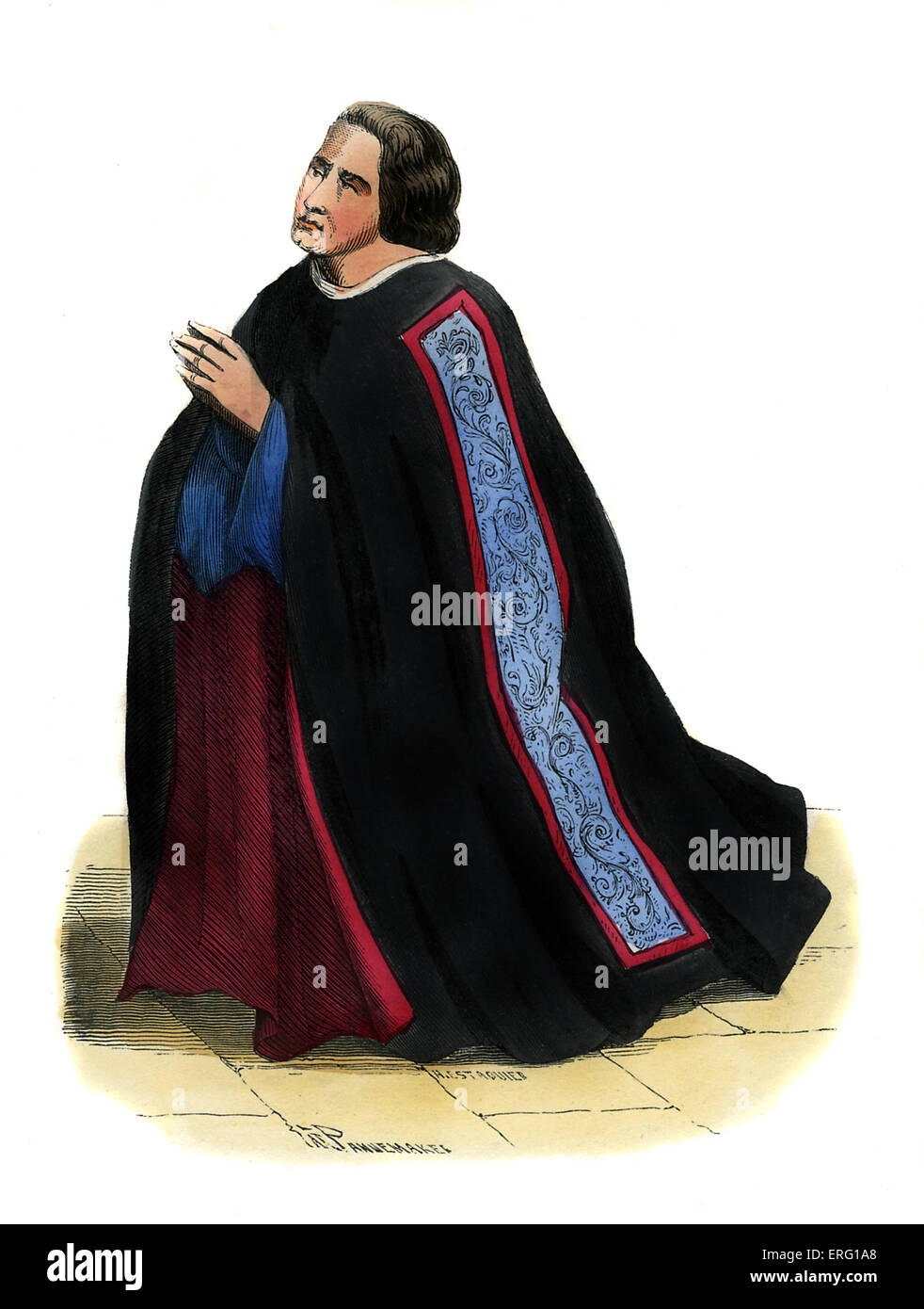 Französische Dekan (Doyen) der Händler Corporation - Kostüm aus dem 15. Jahrhundert. Gezeigt in kniende Position tragen schwarzen Robe ausgekleidet Stockfoto