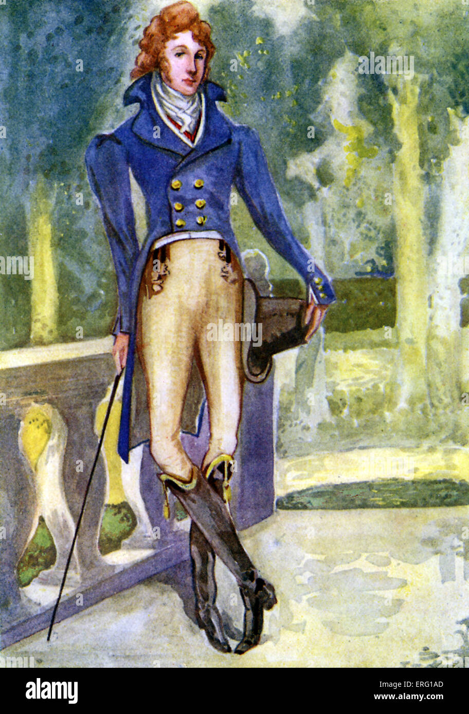 Mannes Kostüm in der Regierungszeit von George IV., König von England (1820 – 1830). Trägt einen 'Jean-de-Bry' Stil dunkelblauen Mantel mit Stockfoto