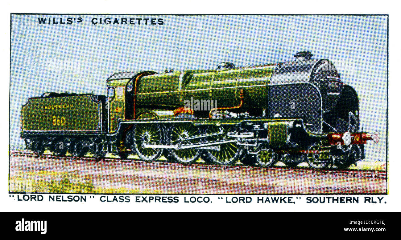 "Herr Hawke" Express Lok. "Lord Nelson" Klasse Lokomotive auf der Südbahn. Vier Zylinder 4-6-0. Benannt nach einem berühmten Seemann. Auch verwendet an der Atlantikküste von Waterloo. 1930er Jahre (wird die Zigarette Karte) Stockfoto
