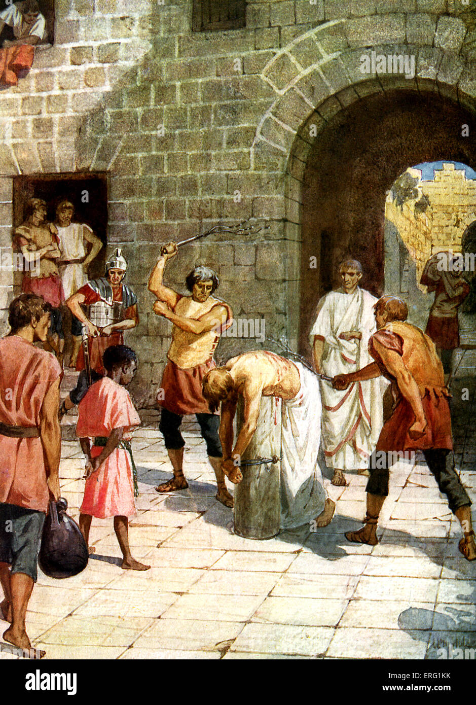 Pilatus befiehlt Jesus gegeißelt werden (und Barabbas, aus dem Gefängnis entlassen werden). Lukas Xxiii 13-19, Johannes Xix 1. Illustration von Stockfoto