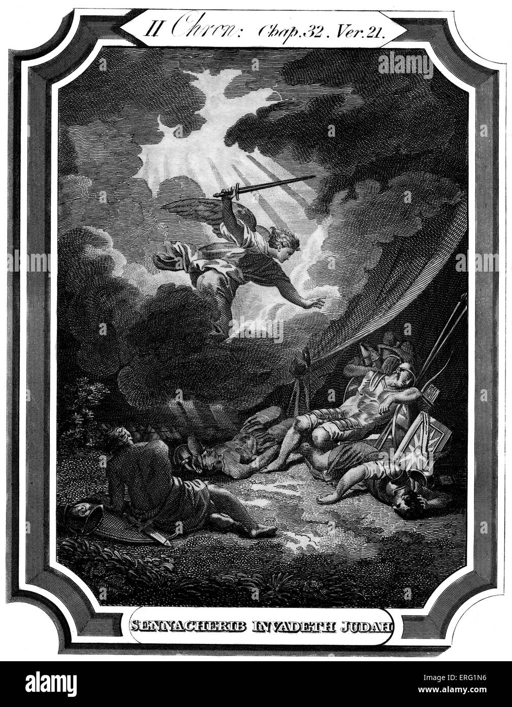 Der Engel des Herrn tötet assyrische Soldaten während Sanheribs Belagerung von Jerusalem. Bildunterschrift lautet: Sanherib invadeth Juda. Chronicles II, Chap XXXII, Vers 21 "und der Herr sandte einen Engel, das die mächtigen Männer von Valour, und die Führer und Kapitäne im Lager des Königs von Assyrien abgeschnitten. So kehrte er in sein eigenes Land mit Schande des Gesichts. Und da kam er in das Haus seines Gottes, sie, die von seinen eigenen Darm hervorgegangen töteten ihn dort mit dem Schwert. " Kupferstich von T O Barlow 1824-1889. Stockfoto