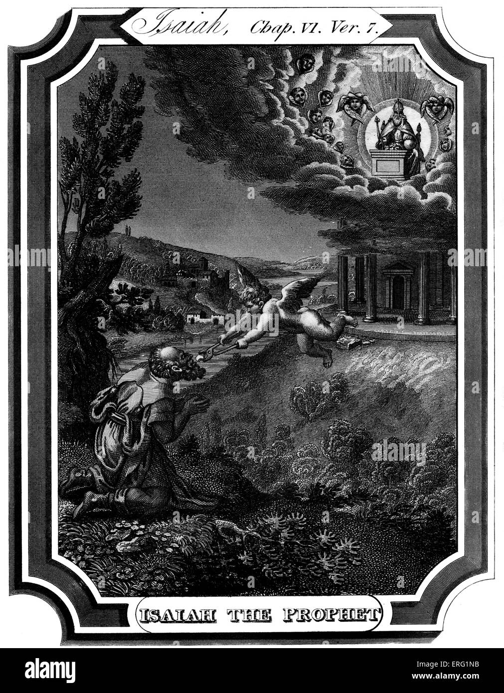 Das Prophet Jesaja wird gereinigt, da ein Seraphim berührt eine glühende Kohle an seine Lippen. Bildunterschrift lautet: der Prophet Jesaja. Jesaja, Kapitel VI, Vers 7 "und er legte sie auf meinen Mund und sagte: siehe, dies berührt hat deine Lippen; Deine Sünde weggenommen und deine Sünde gereinigt. " Kupferstich von T O Barlow 1824-1889. Stockfoto