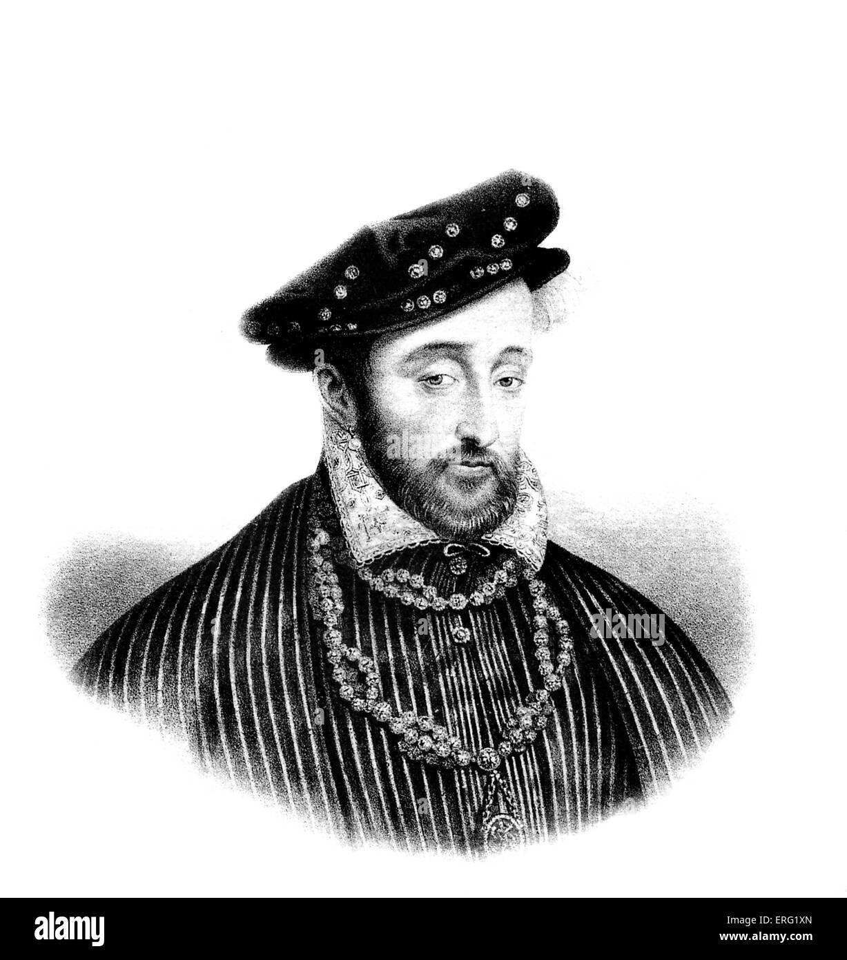 Heinrich II. (Französisch: Henri II)-Porträt des Königs von Frankreich, Mitglied der Valois-Dynastie. Gravur, Abbildung. 31 März 1519 Stockfoto