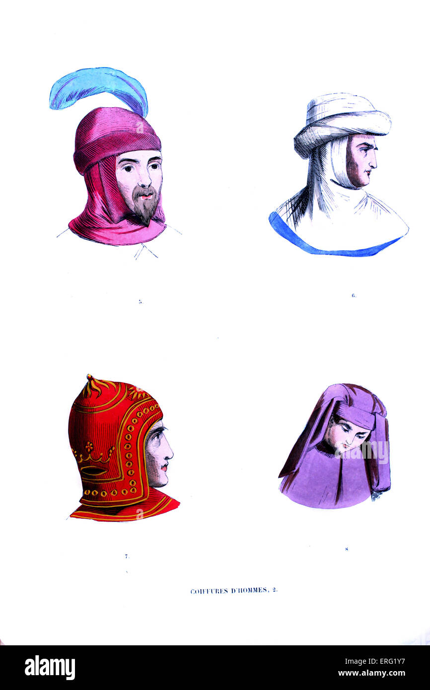 14./15. Jahrhundert - Herren Hut. Oben links: Rosa Kopfschmuck mit blauen Feder, oben rechts: weiße gefüllte Krempe Turban Hut. Unten Stockfoto