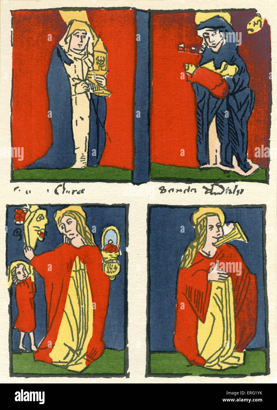 Vier heilige Ikonographie halten.  Gravur in Augsburg zwischen 1460 und 1470 entstanden. Stockfoto