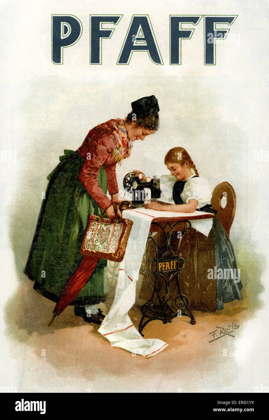 GemanSewing Maschine Anzeige für Plakat Material zeigt eine Mädchen mit einer Nähmaschine in deutschen Tracht. Stockfoto