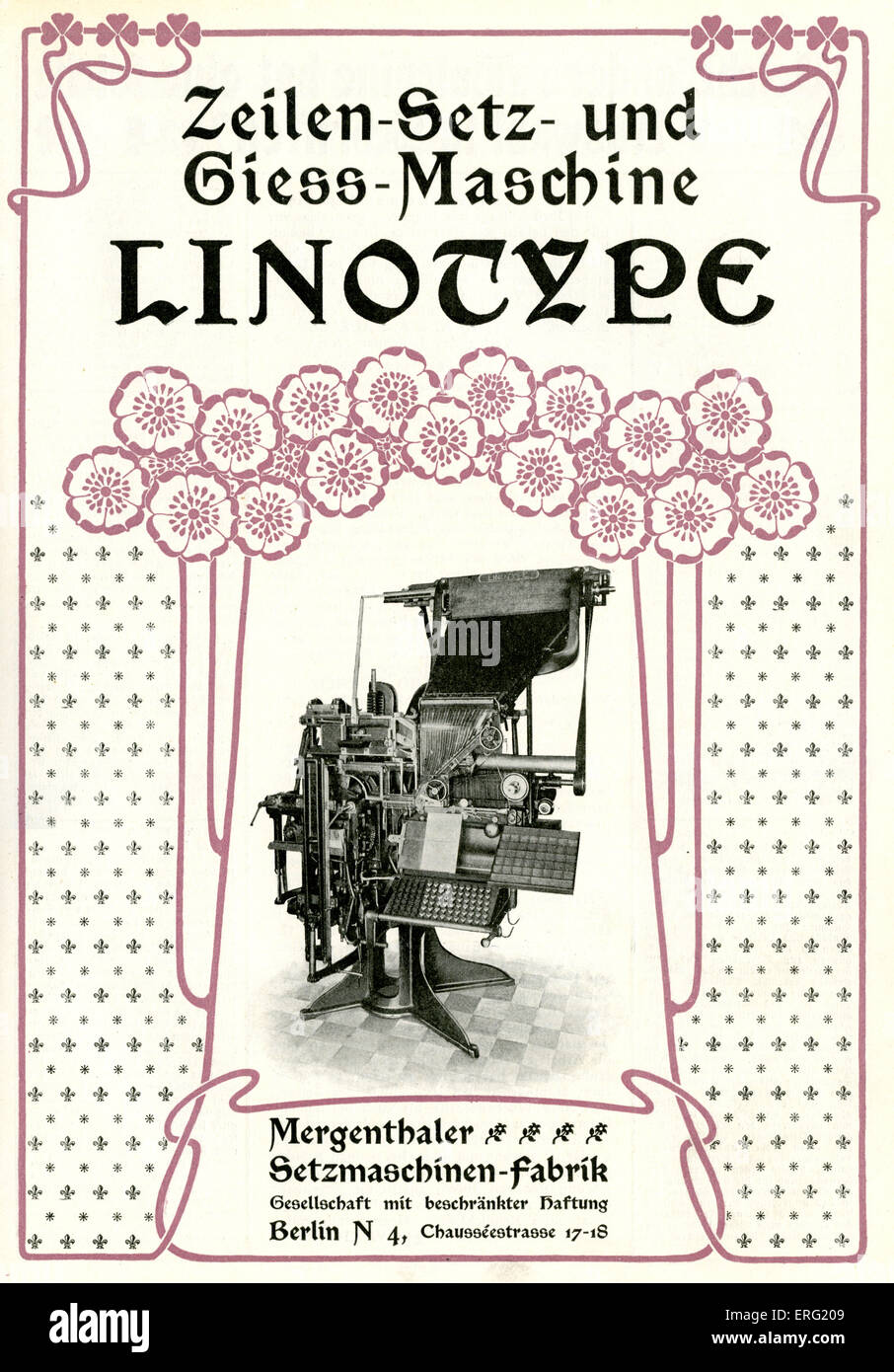 Deutsche Werbung für Linotype-Maschinen von der Mergenthaler-Einstellung Maschinenfabrik, Berlin. Aus Druckereien Katalog, 1902. Stockfoto