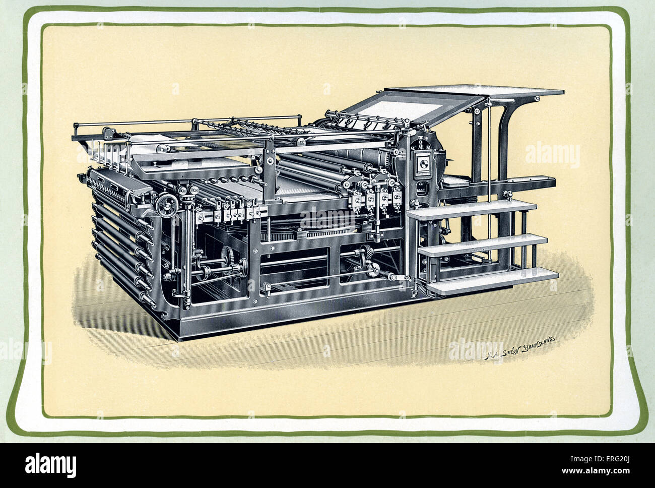 Deutsche Werbung für die Maschinenfabrik Johannisberg, zeigt eine Chromotype Maschine. Aus deutschen Druckereien Katalog. Stockfoto