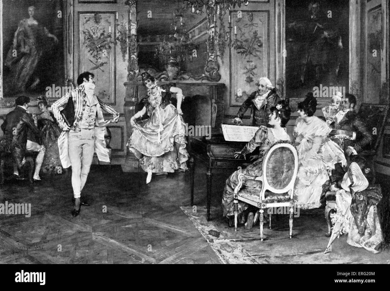 Tanz und Unterhaltung zu Hause.  Ende des 18. Jahrhunderts Tanzszene. Stockfoto