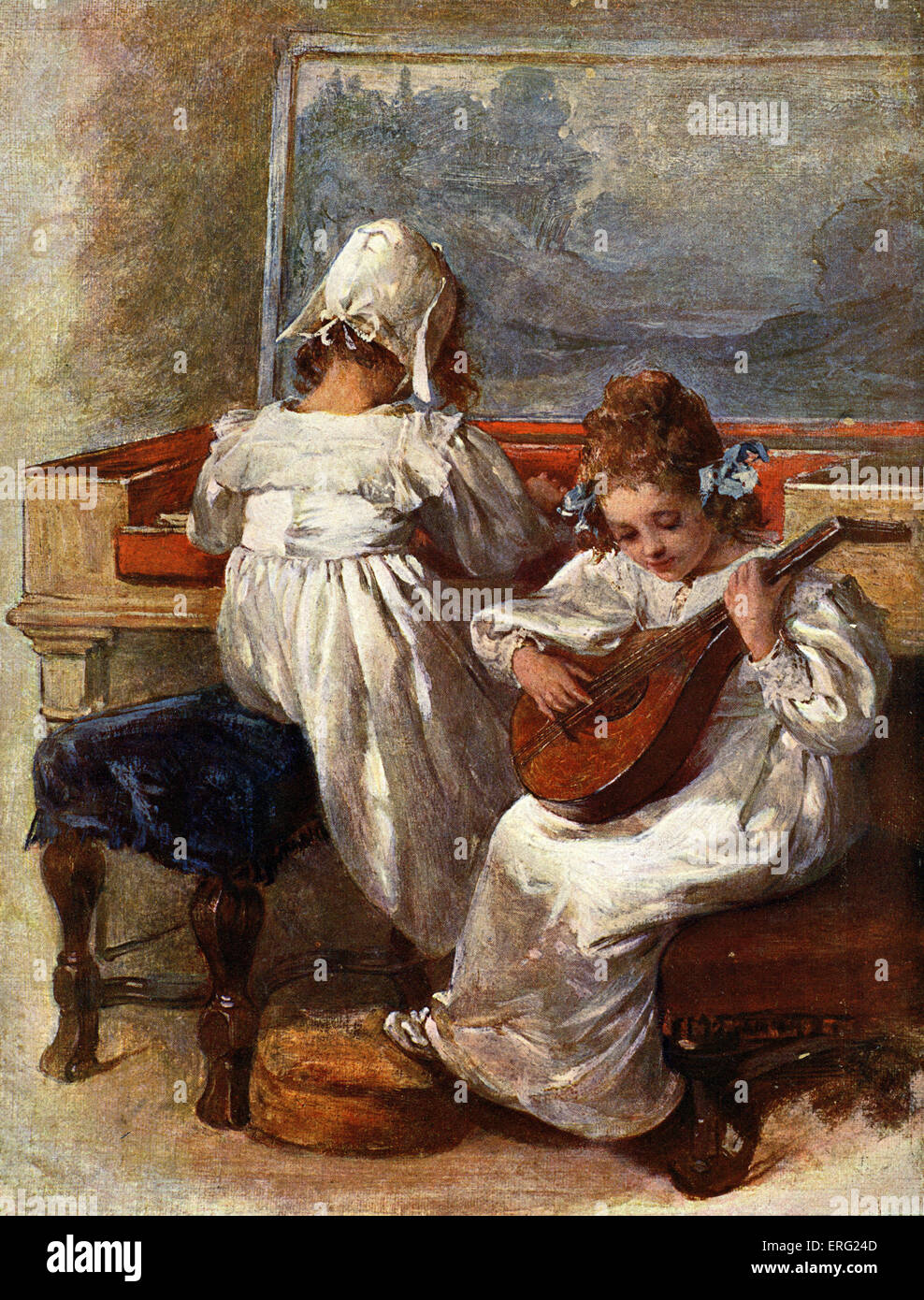 Zwei Kinder spielen die Mandoline und Spinett.  Basierend auf einem Ölgemälde von Seymour Lucas.  . Stockfoto
