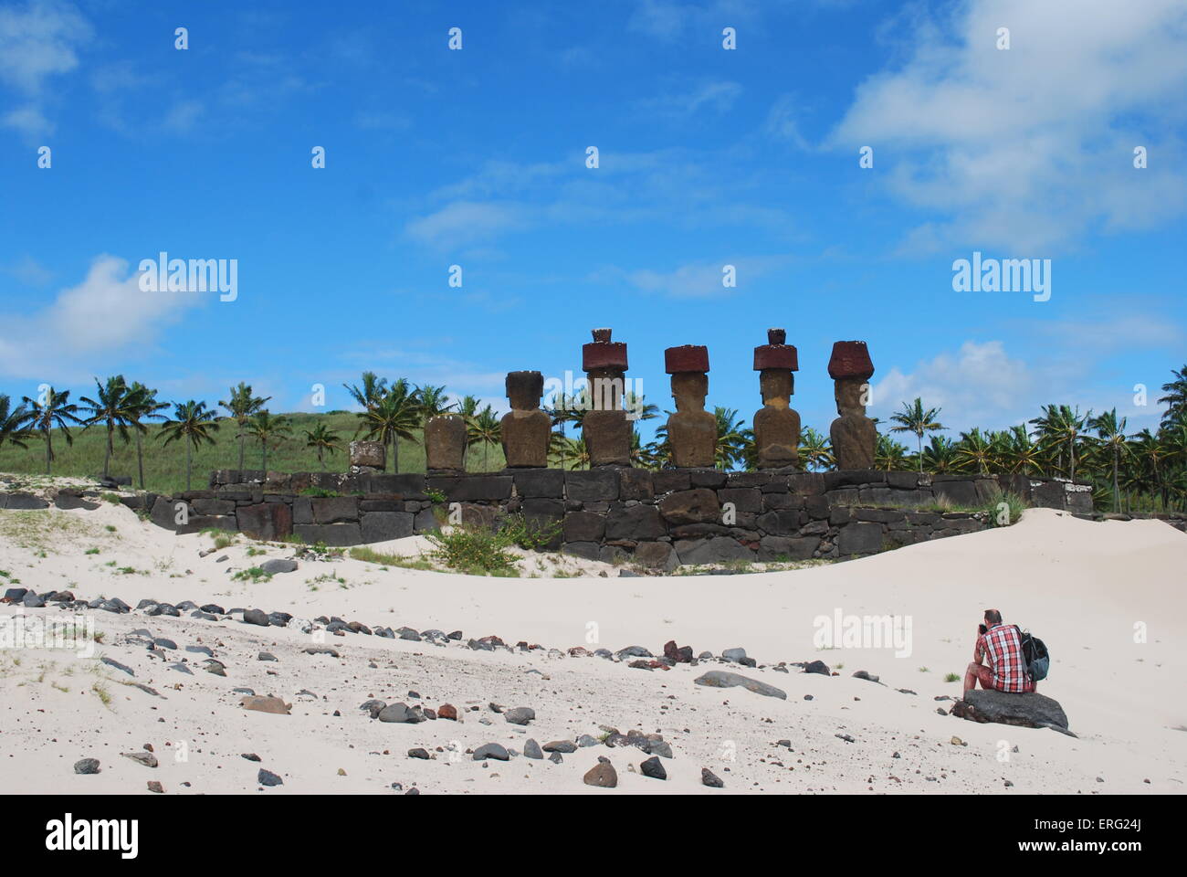 Man fotografiert die Moai Statuen, Anakena, Easter Island, Chile Stockfoto