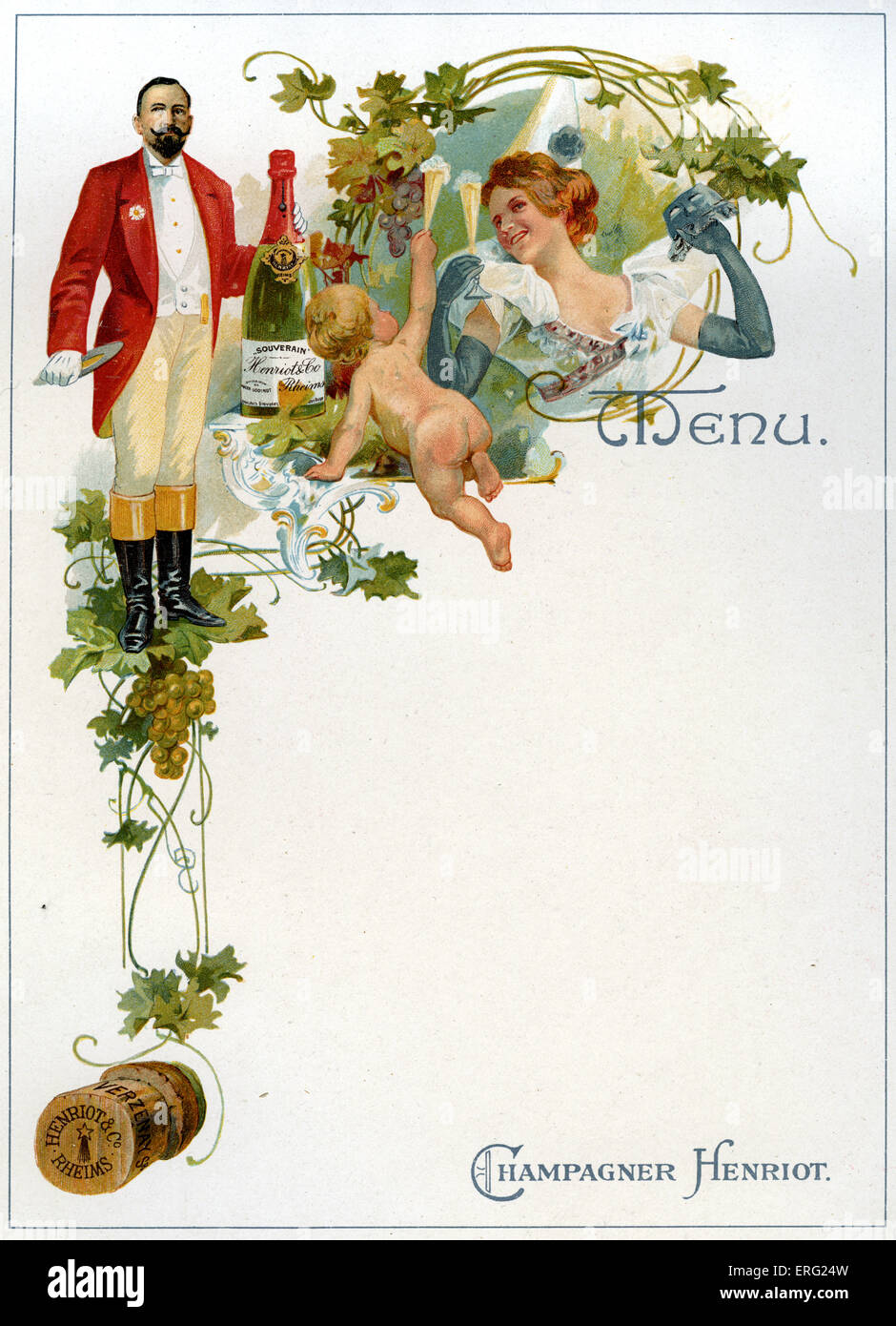 Menü mit Surround verziert. Ursprünglich eine Werbung für Eckstein und Stähle-Kunst-Galerie, Stuttgart. Master Of Ceremonies, Champagner. Stockfoto