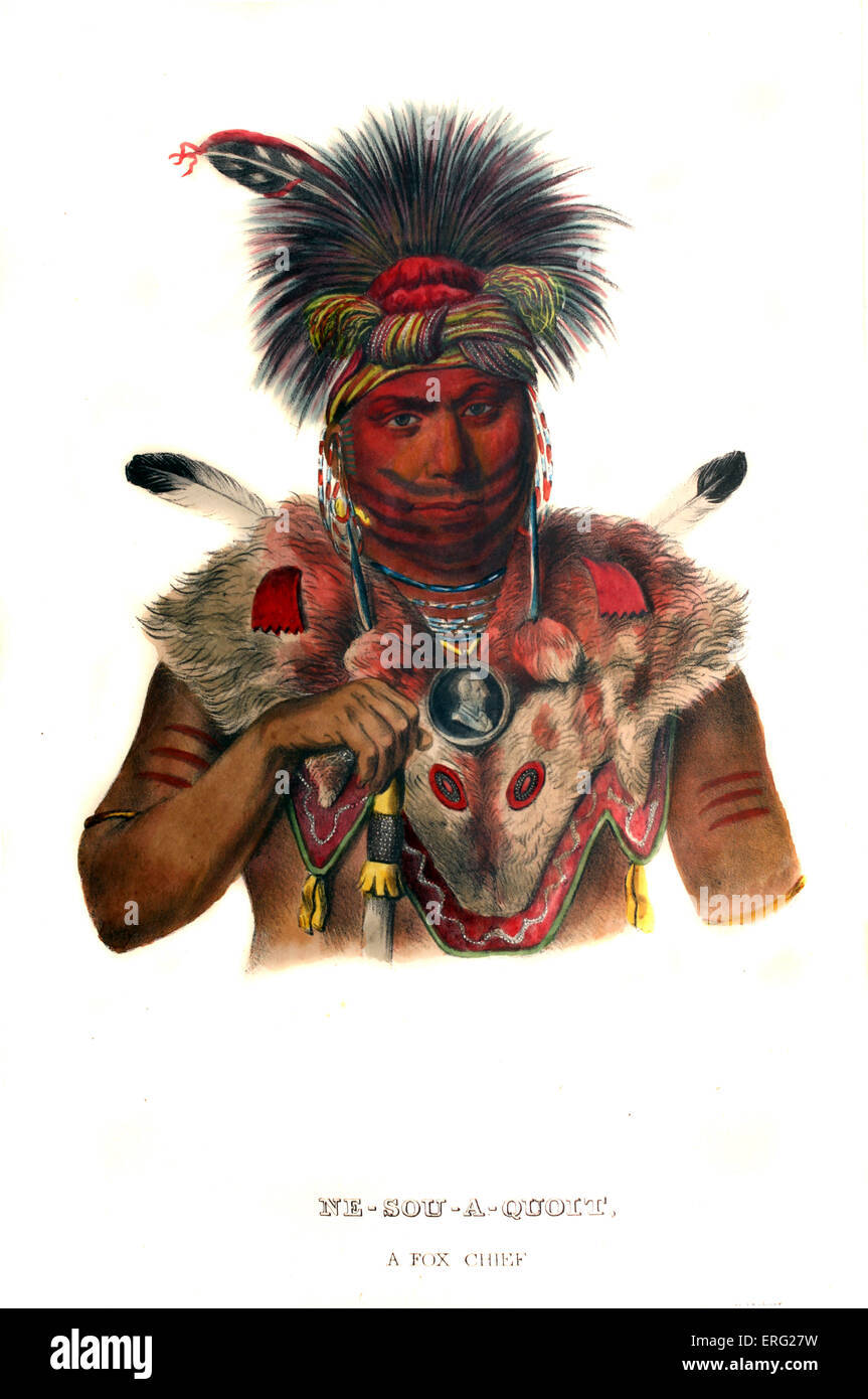 Nesouaquoit ("der Bär in der Gabel eines Baumes"), ein Fuchs Chef. Indianischer Häuptling des Stammes Fox (Mesquaki). Porträt von Stockfoto