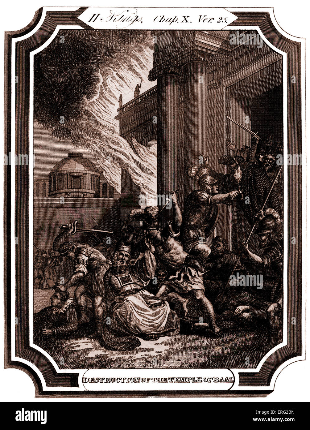 Jehu tötet die Anbetern des Ba'al und befiehlt die Zerstörung des Tempels. Bildunterschrift lautet: Zerstörung des Themple des Baal. II. Könige, Kapitel X, Vers 25 "und es begab sich, so schnell wie er mit dem Brandopfer den Garaus gemacht hatte, dass Jehu sagte auf die Wache und die Kapitäne hinein und tötet sie; lassen Sie keine hervorkommen. Und sie schlug sie mit der Schärfe des Schwertes; und die Wache und die Kapitäne stießen sie aus und ging in die Stadt des Hauses von Baal. " Kupferstich von T O Barlow 1824-1889. Stockfoto