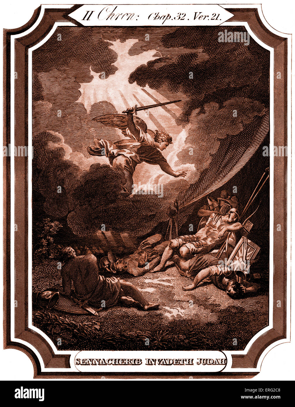 Der Engel des Herrn tötet assyrische Soldaten während Sanheribs Belagerung von Jerusalem. Bildunterschrift lautet: Sanherib invadeth Juda. Chronicles II, Chap XXXII, Vers 21 "und der Herr sandte einen Engel, das die mächtigen Männer von Valour, und die Führer und Kapitäne im Lager des Königs von Assyrien abgeschnitten. So kehrte er in sein eigenes Land mit Schande des Gesichts. Und da kam er in das Haus seines Gottes, sie, die von seinen eigenen Darm hervorgegangen töteten ihn dort mit dem Schwert. " Kupferstich von T O Barlow 1824-1889. Stockfoto