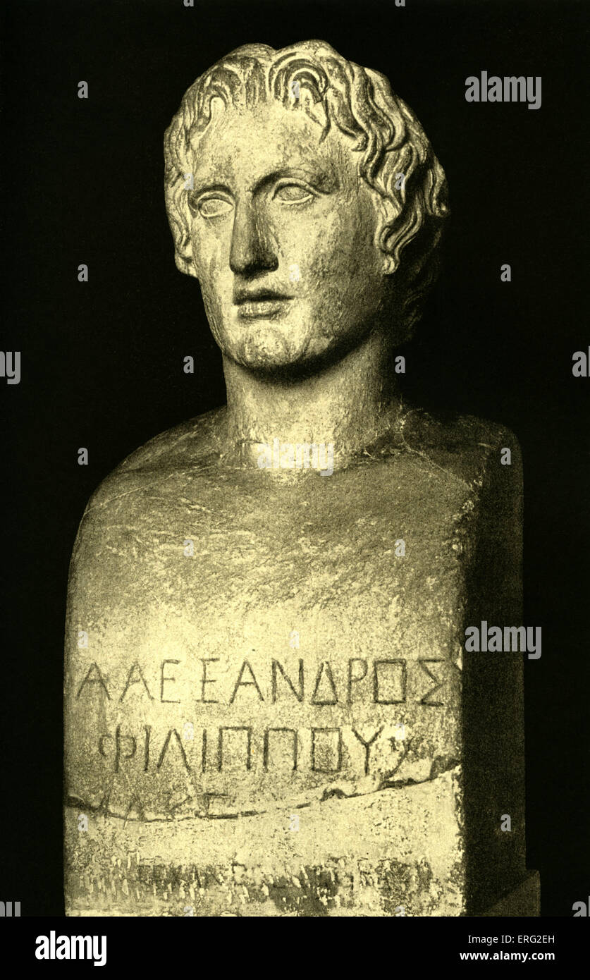 Büste von Alexander dem großen.  Inschrift "Alexander Philipps (Sohn)".  Alexander makedonischen general und Kaiser 356 V.Chr. - 323 Stockfoto