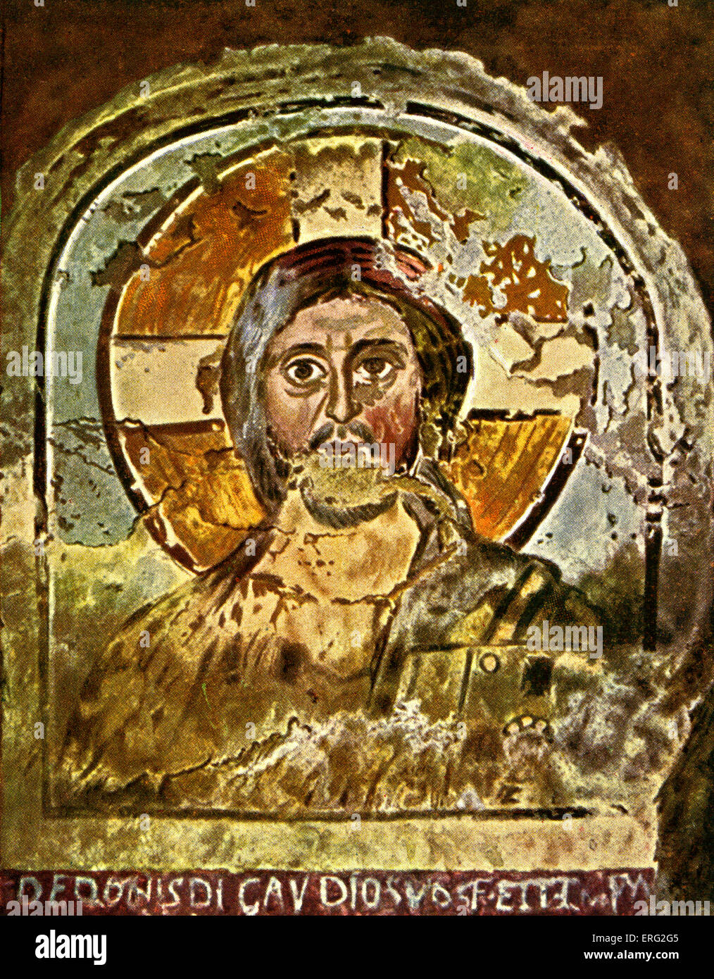 Fresko, Darstellung von Jesus mit einem kreuzförmigen Heiligenschein.  Frühe christliche Fresko in der Ponzianus Catacombe, Rom, Italien.  Dritte bis sechste Stockfoto