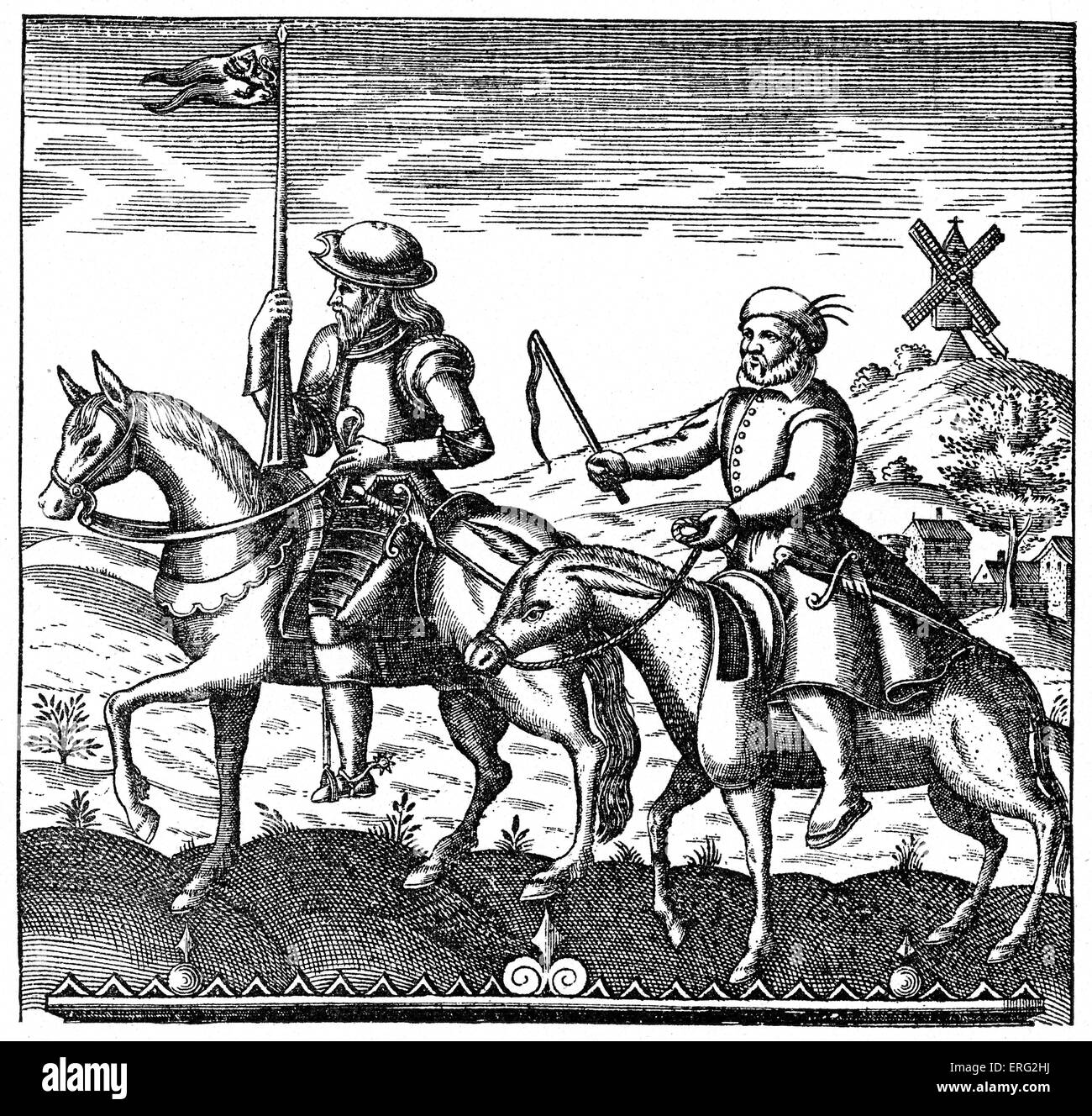 Don Qiixote und Sancho Panza Reiten nach dem Roman von Miguel de Cervantes.  Windmühle im Hintergrund. Titelseite, ein original Stockfoto