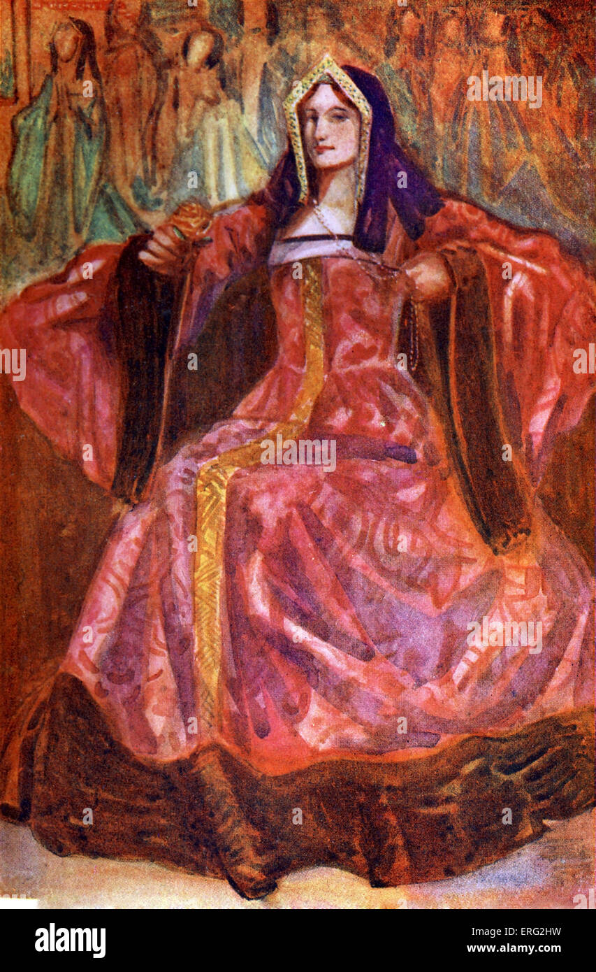 Damen Kostüm in der Regierungszeit von Heinrich VII. (1485-1509). Trägt ein scharfkantigen rautenförmigen Tudor Kopfbedeckung und breit, Fell-Kleid mit Stockfoto