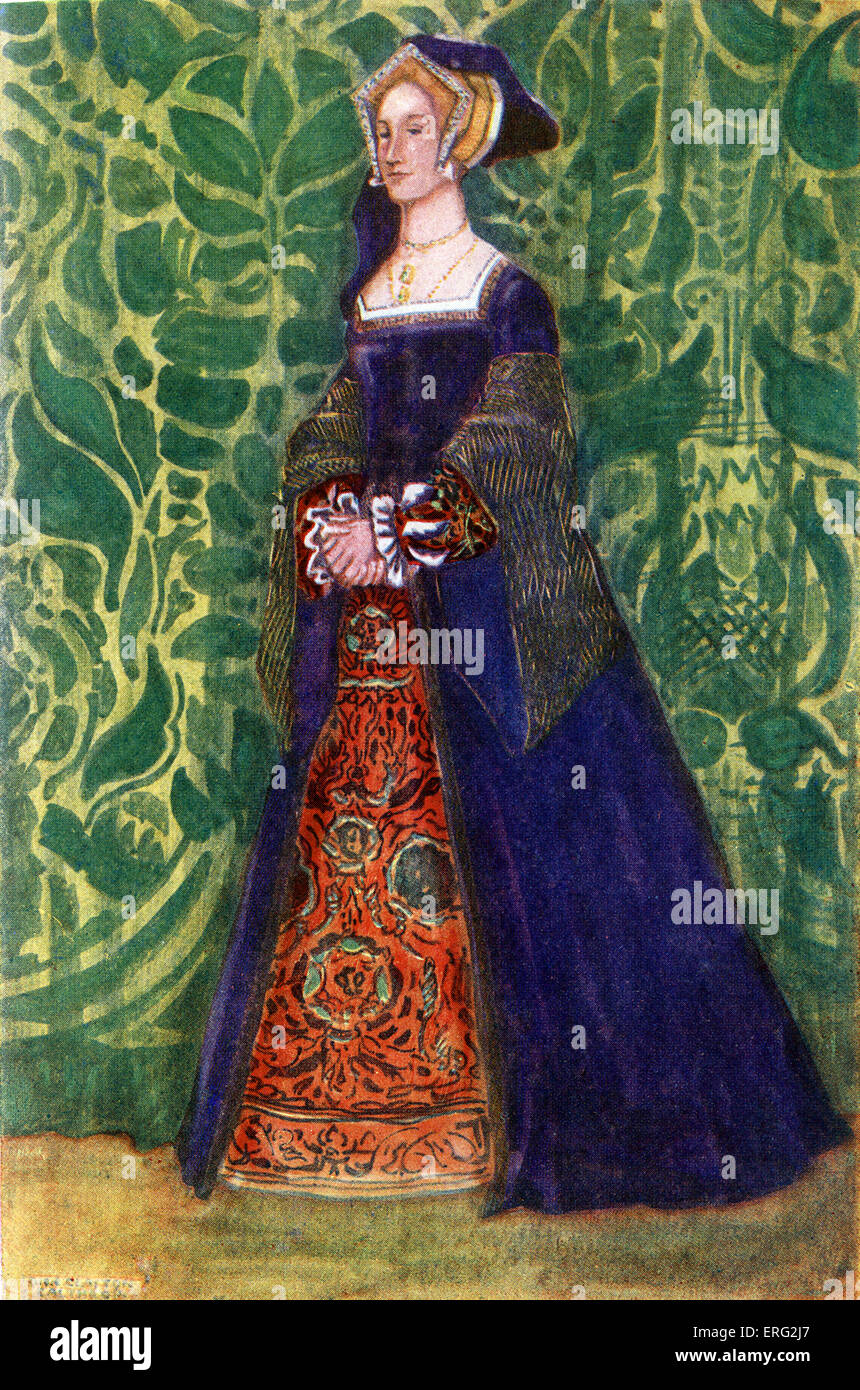 Damen Kostüm in der Regierungszeit von Heinrich VIII. (1509-1547). Trägt ein Split Quadrat-necked Kleid mit Ärmeln pendent, über eine Stockfoto
