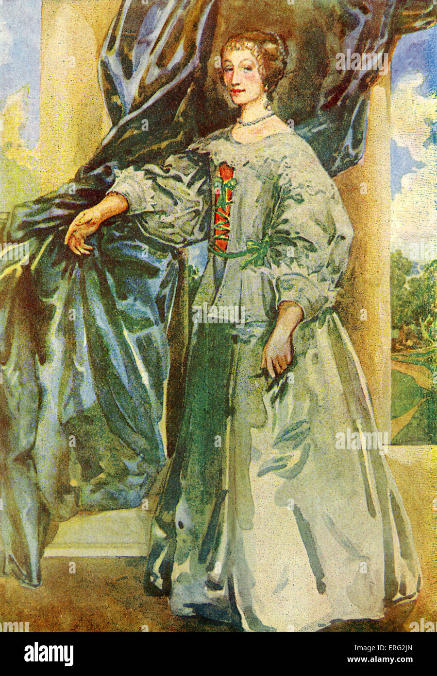 Frau in der Herrschaft von Karl Kostüm ich (1625-1649). Trägt ein schlichtes Kleid mit breiten Spitzenkragen, Tiefe Manschetten und Ballon Stockfoto