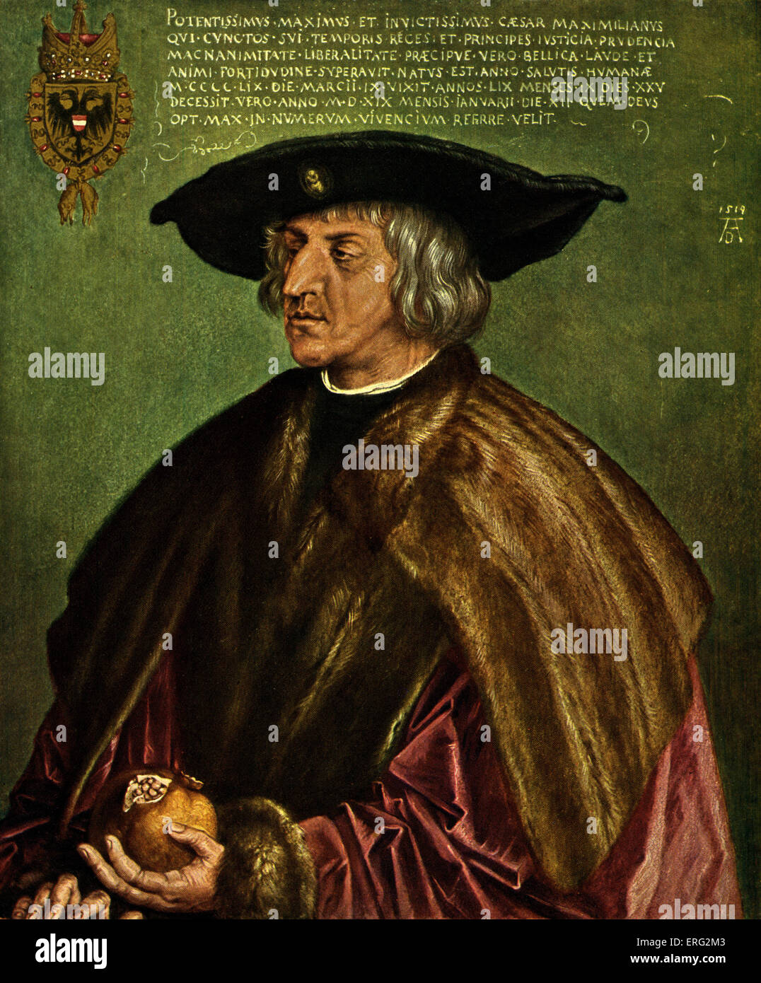 Kaiser Maximilian I hält einen Granatapfel, seinem persönlichen Emblem