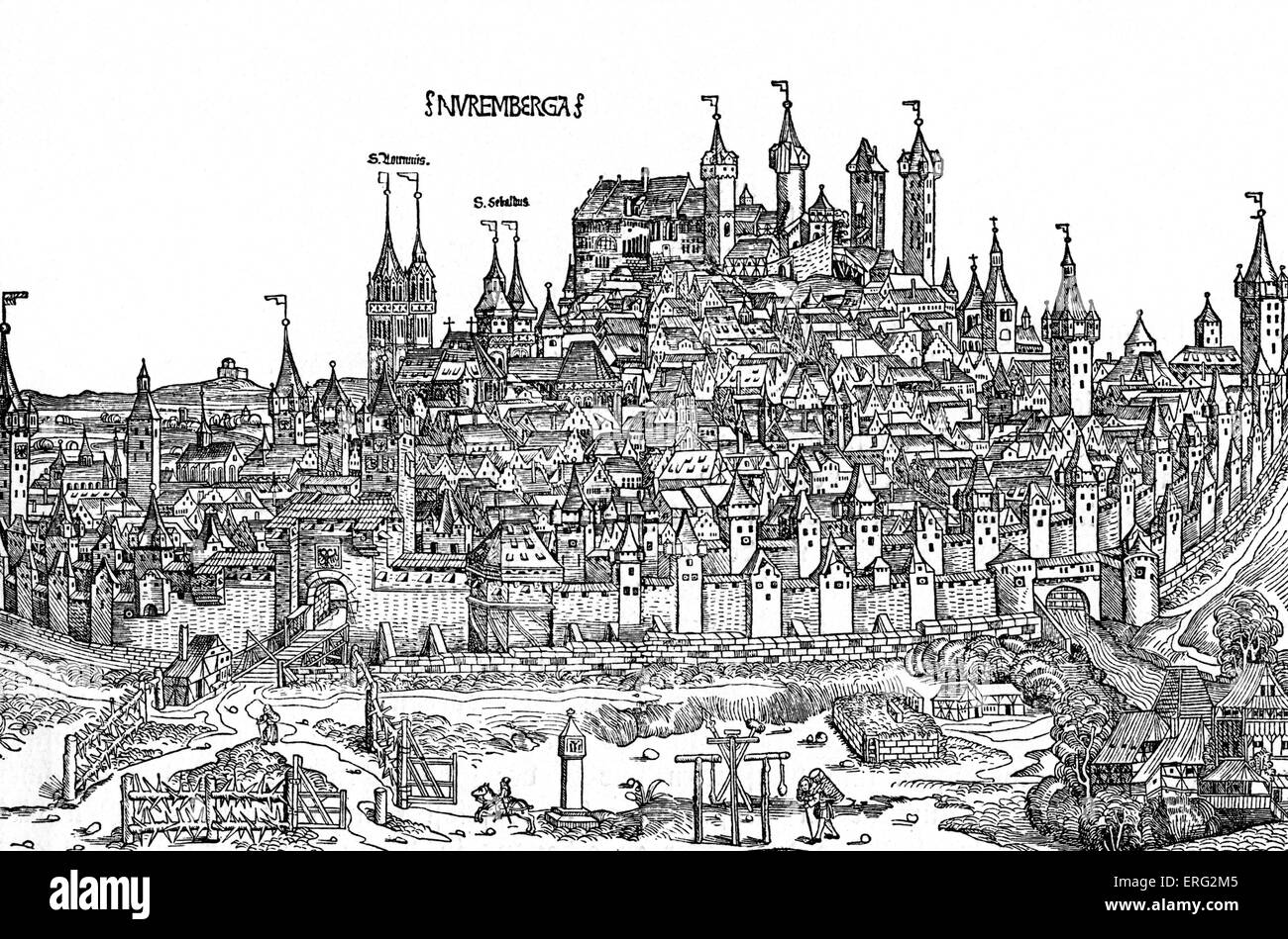 Nurnburg Ansicht im 15. Jahrhundert.  Aus Hartmann Schedels "Weltchronik" /Weltchronik Stockfoto