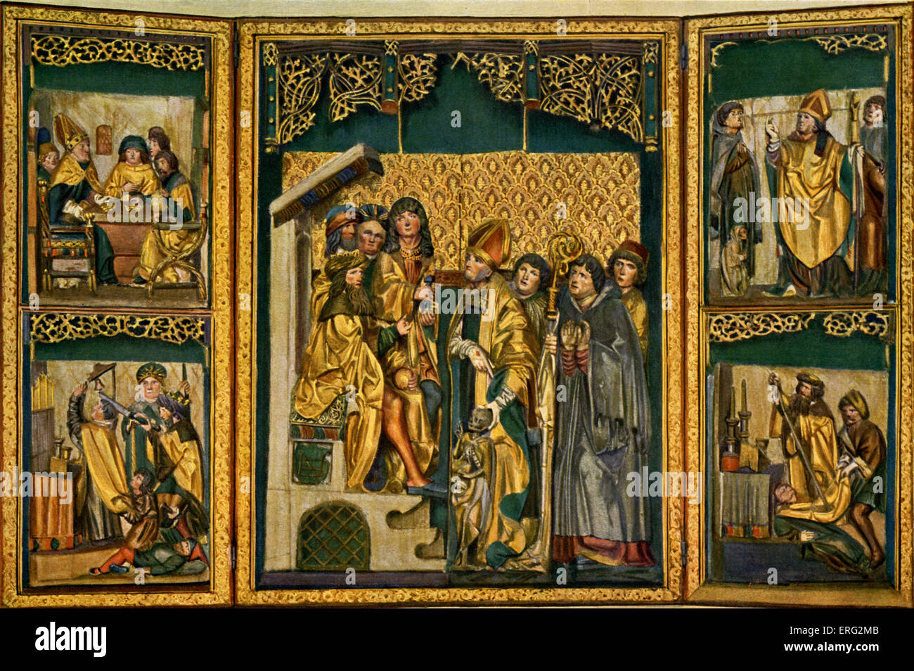 Das Leben und Martyrium des Heiligen Stanislaus, gemalte Triptychon. St. Stanislaus polnischer Bischof und Heiliger 26 Juli 1030-11 April 1079. Stockfoto