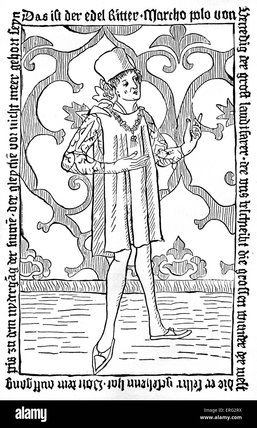 Marco Polo.  Kupferstich von der Titelseite der ersten deutschen Ausgabe von "The Travels of Marco Polo", Nürnberg 1477.  Beschriftung, Stockfoto