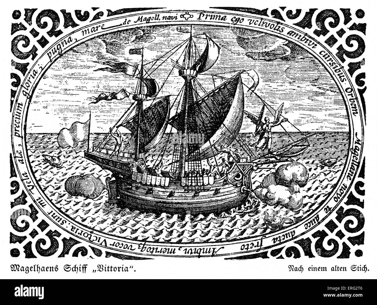 Ferdinand Magellan Schiff, die Victoria.  FM portugiesischer Seefahrer und Entdecker 1480-27. April 1521. Stockfoto