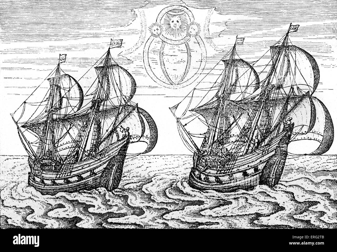 Die Schiffe der Barents-Expedition.  Kupferstich von "Die drei Fahrten von William Barents zu den arktischen Regionen". 1594, 1596, Stockfoto