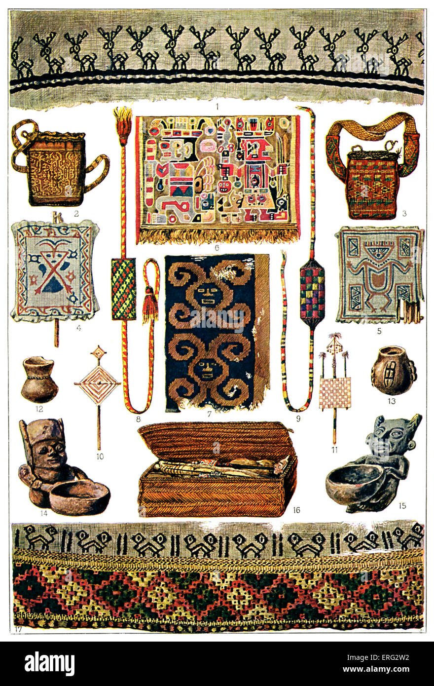 Präkolumbianischen Peru Objekte mit Beispielen von Baumwolle gegenständlicher Malerei und Taschen sowie kleine Töpfe aus Ton, zwei Stockfoto